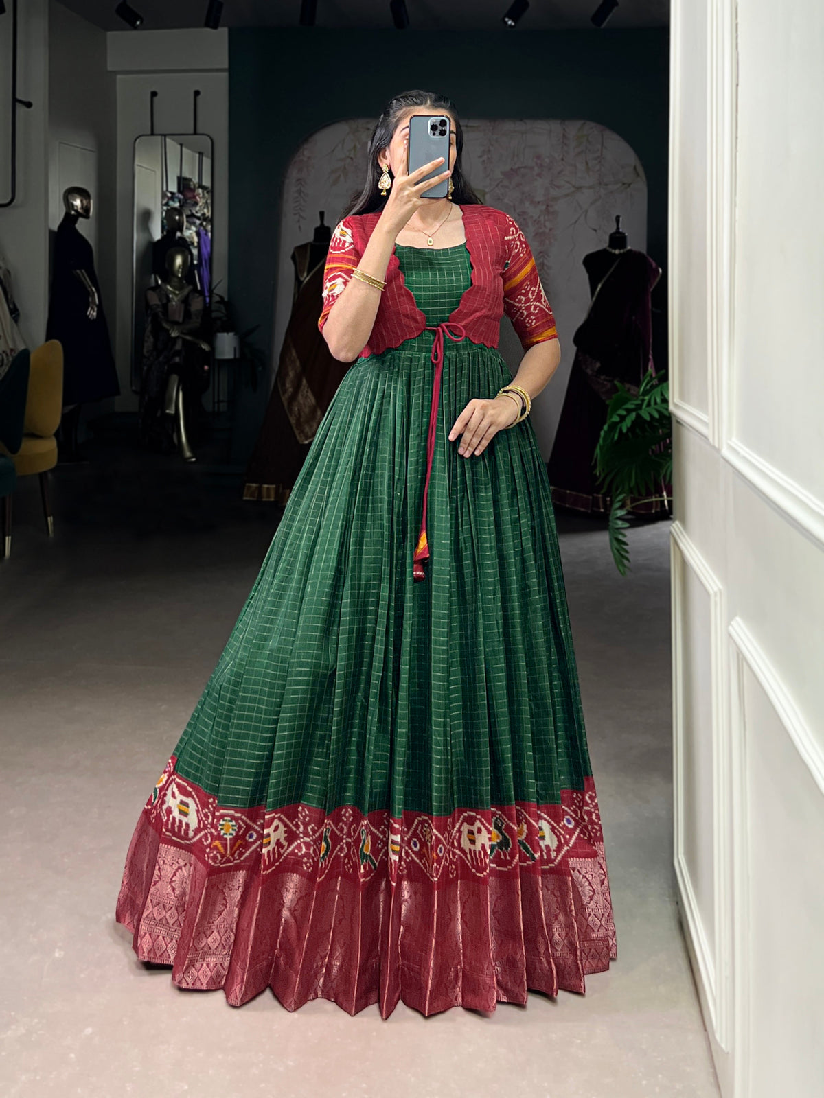 Lorenvalley Fashion Green Tussar Chex Patola Print With Weaving Work Border Gown with Koti | Grocsy