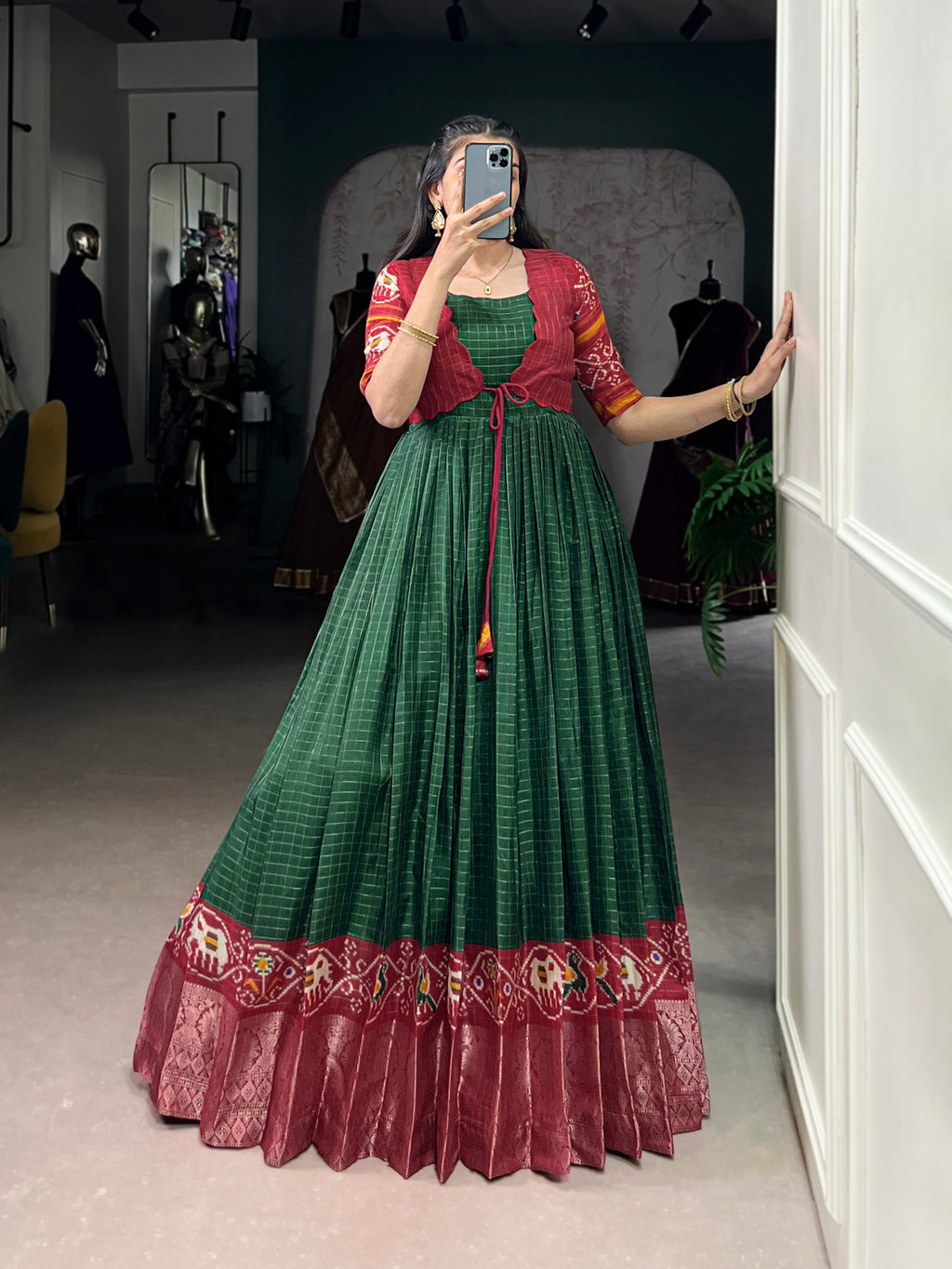 Lorenvalley Fashion Green Tussar Chex Patola Print With Weaving Work Border Gown with Koti | Grocsy