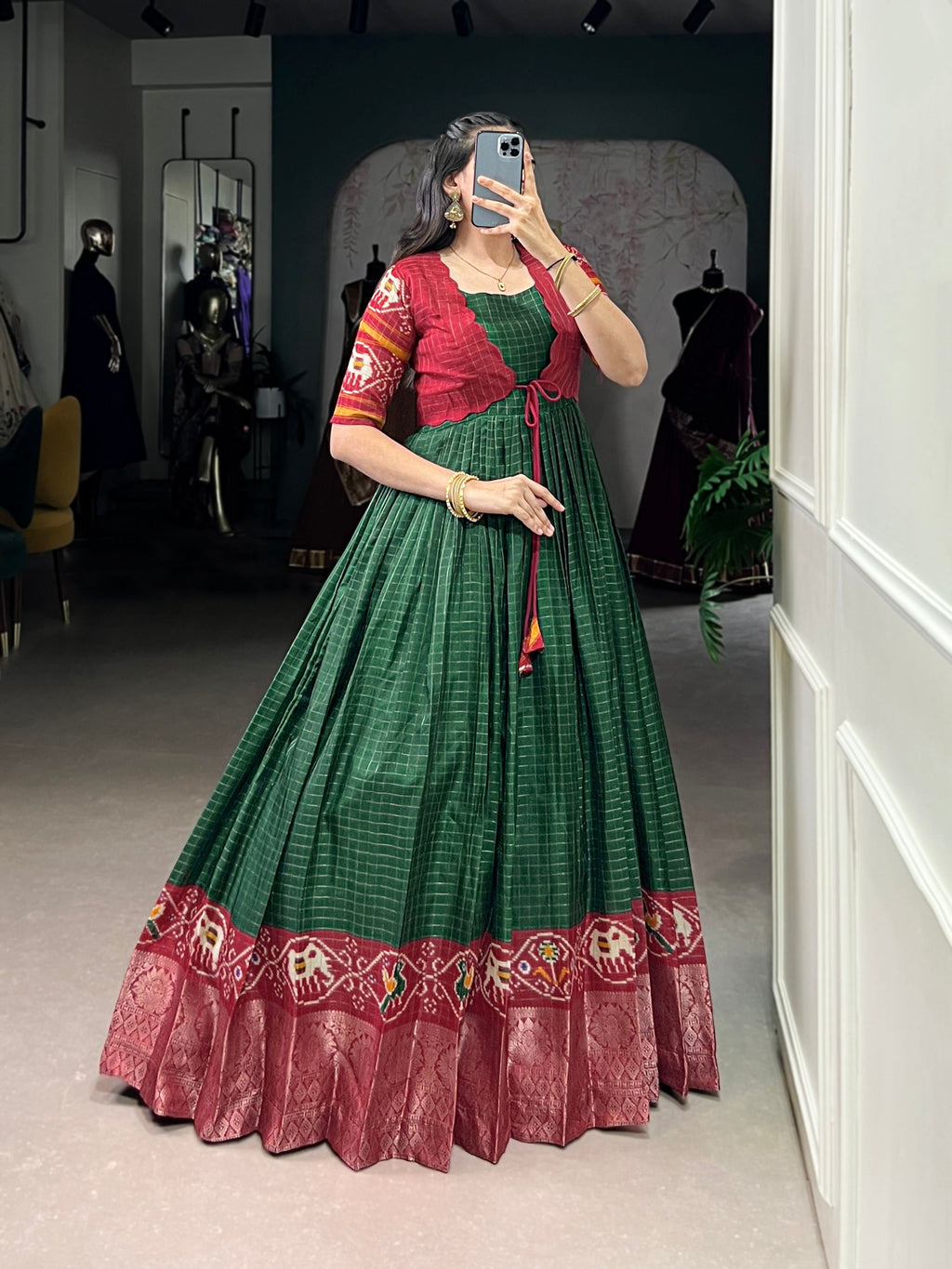 Lorenvalley Fashion Green Tussar Chex Patola Print With Weaving Work Border Gown with Koti | Grocsy