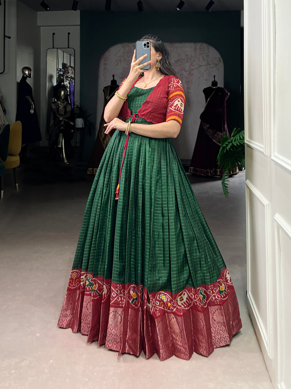 Lorenvalley Fashion Green Tussar Chex Patola Print With Weaving Work Border Gown with Koti | Grocsy