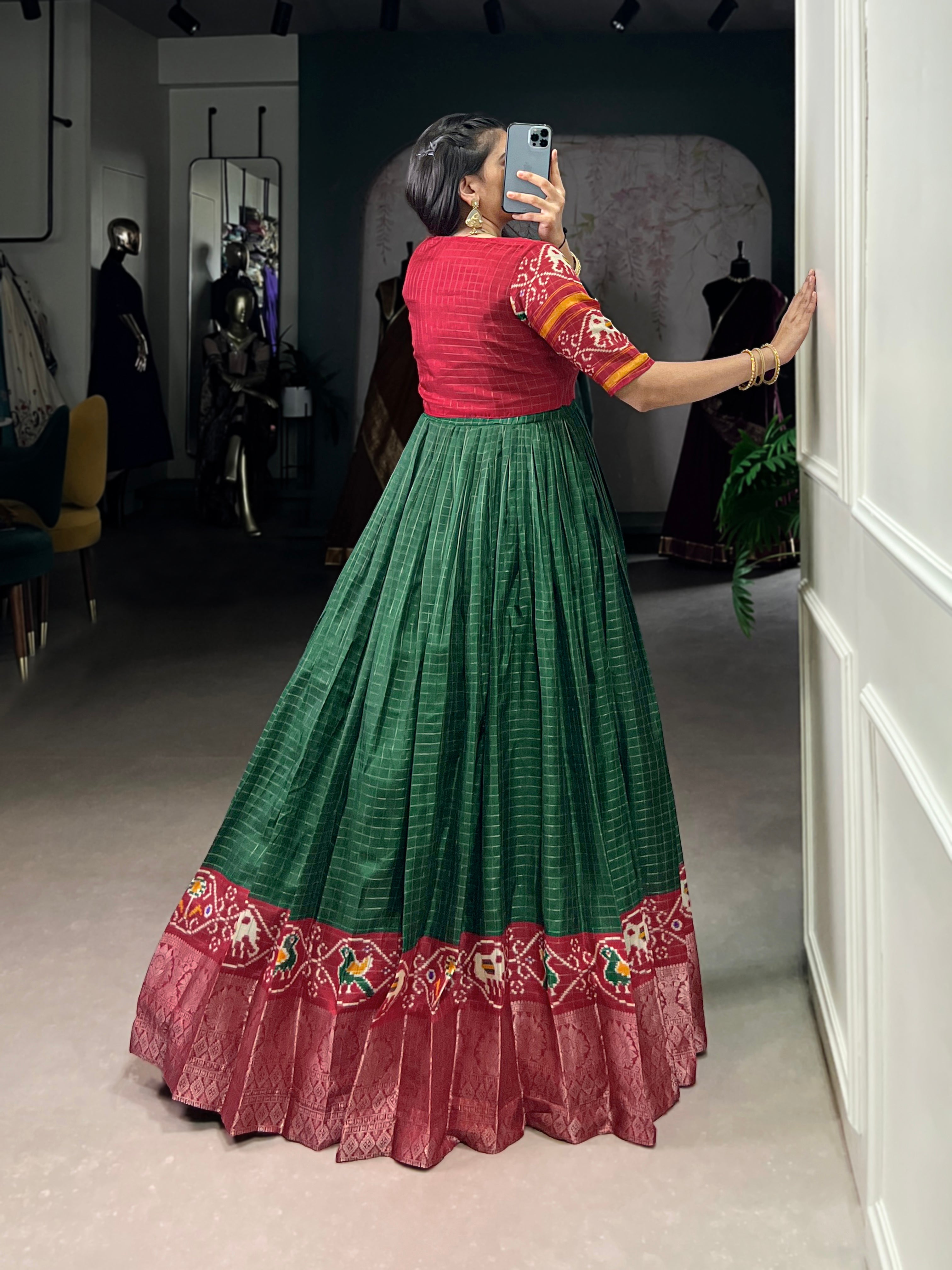 Lorenvalley Fashion Green Tussar Chex Patola Print With Weaving Work Border Gown with Koti | Grocsy