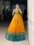 Lorenvalley Fashion Mustard Tussar Chex Patola Print With Weaving Work Border Gown with Koti | Grocsy