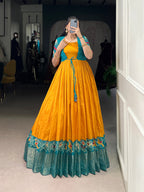 Lorenvalley Fashion Mustard Tussar Chex Patola Print With Weaving Work Border Gown with Koti | Grocsy
