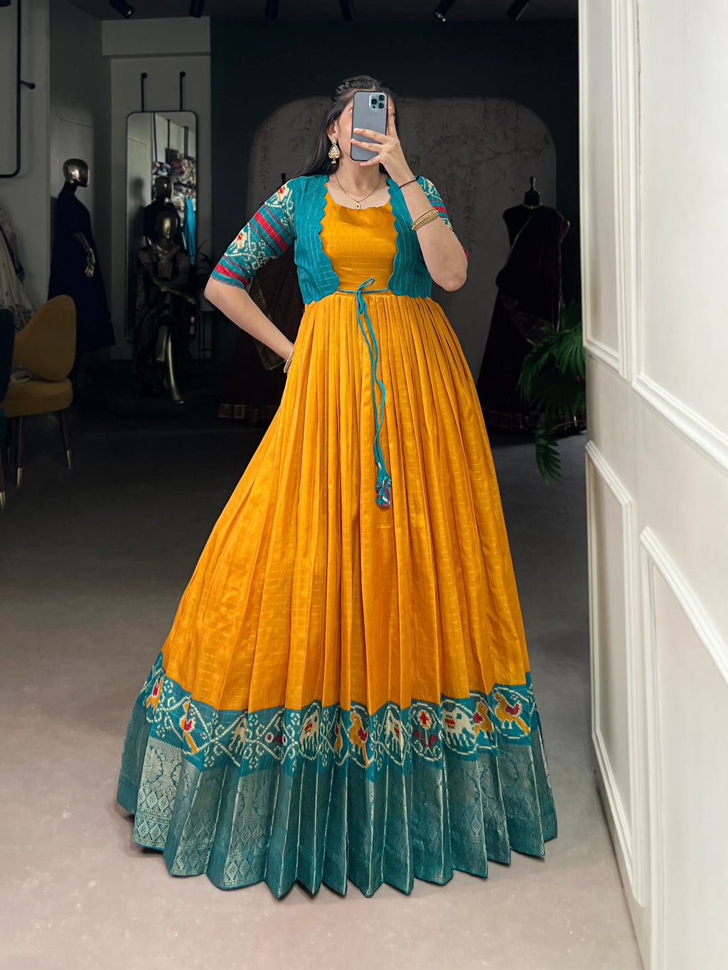 Lorenvalley Fashion Mustard Tussar Chex Patola Print With Weaving Work Border Gown with Koti | Grocsy