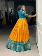 Lorenvalley Fashion Mustard Tussar Chex Patola Print With Weaving Work Border Gown with Koti | Grocsy