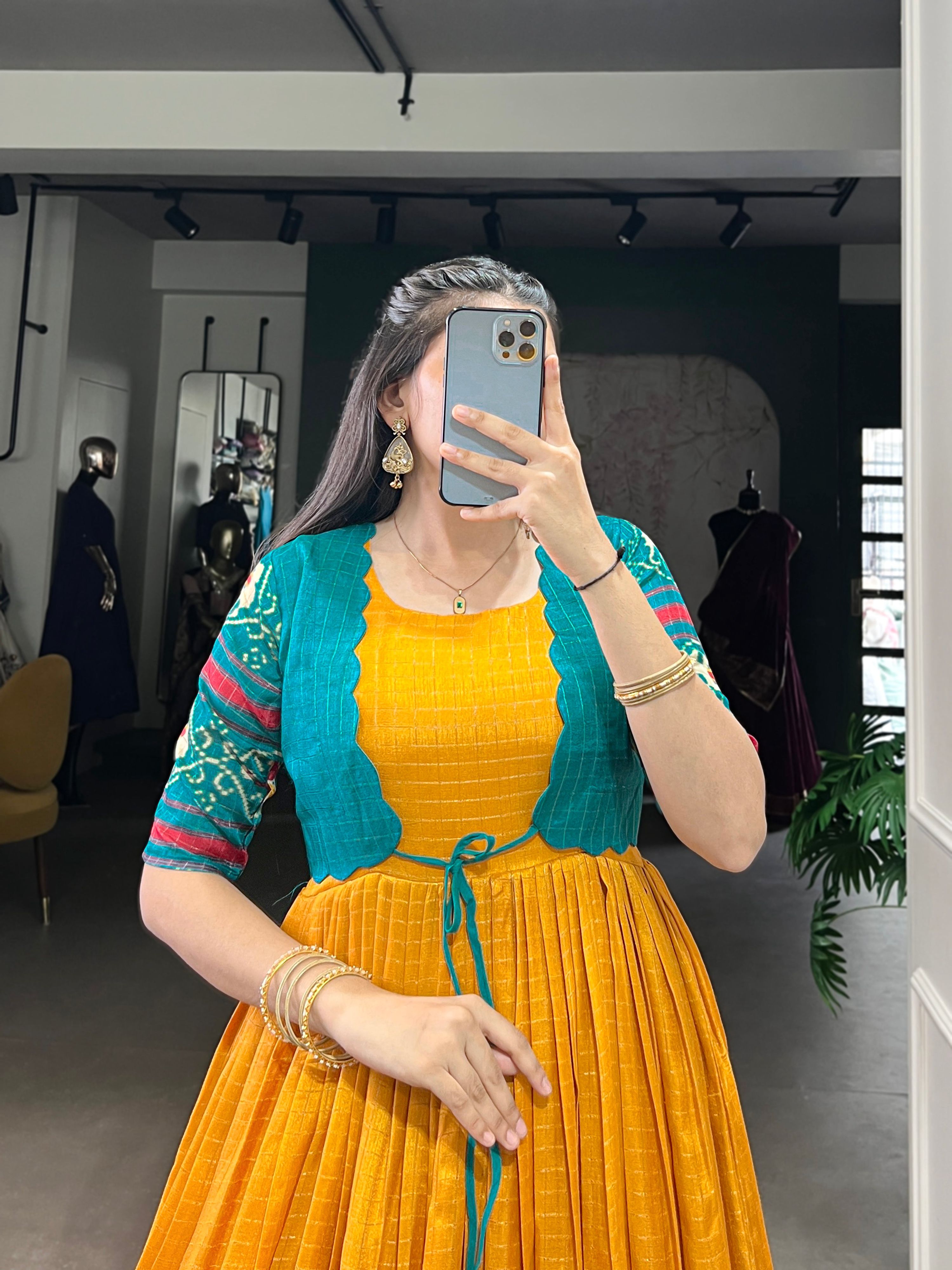 Lorenvalley Fashion Mustard Tussar Chex Patola Print With Weaving Work Border Gown with Koti | Grocsy