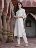 Juniper Women Off-White Cotton Embroidered Straight Kurta Pant Dupatta Set | Grocsy