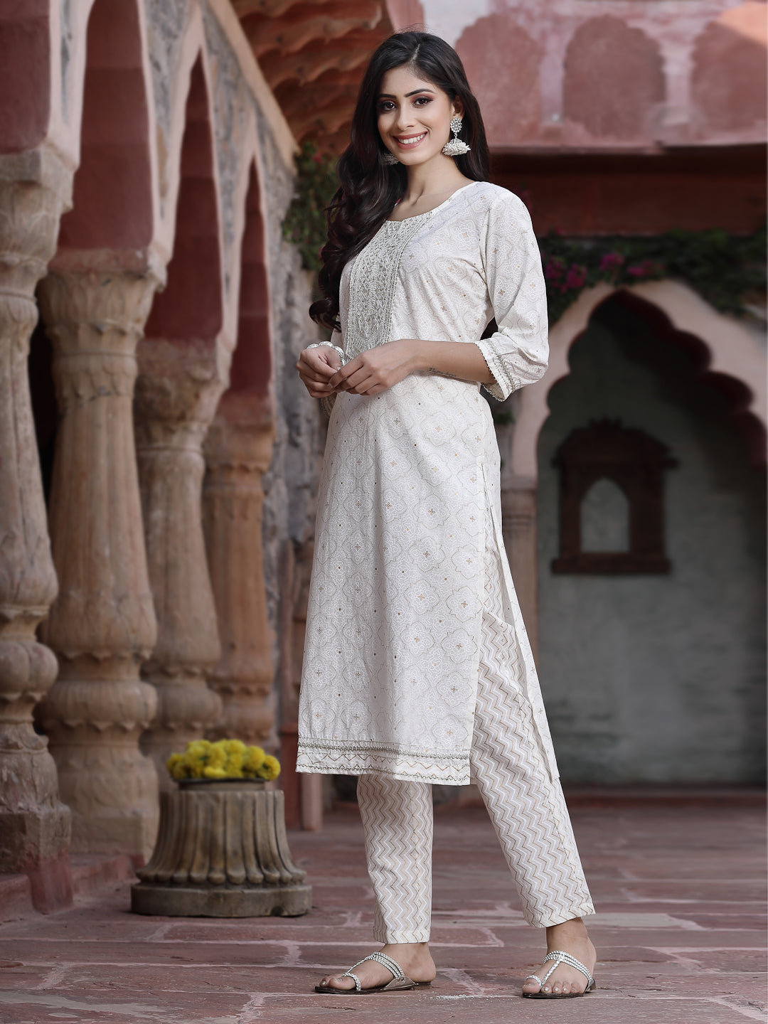 Juniper Women Off-White Cotton Embroidered Straight Kurta Pant Dupatta Set | Grocsy