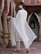 Juniper Women Off-White Cotton Embroidered Straight Kurta Pant Dupatta Set | Grocsy