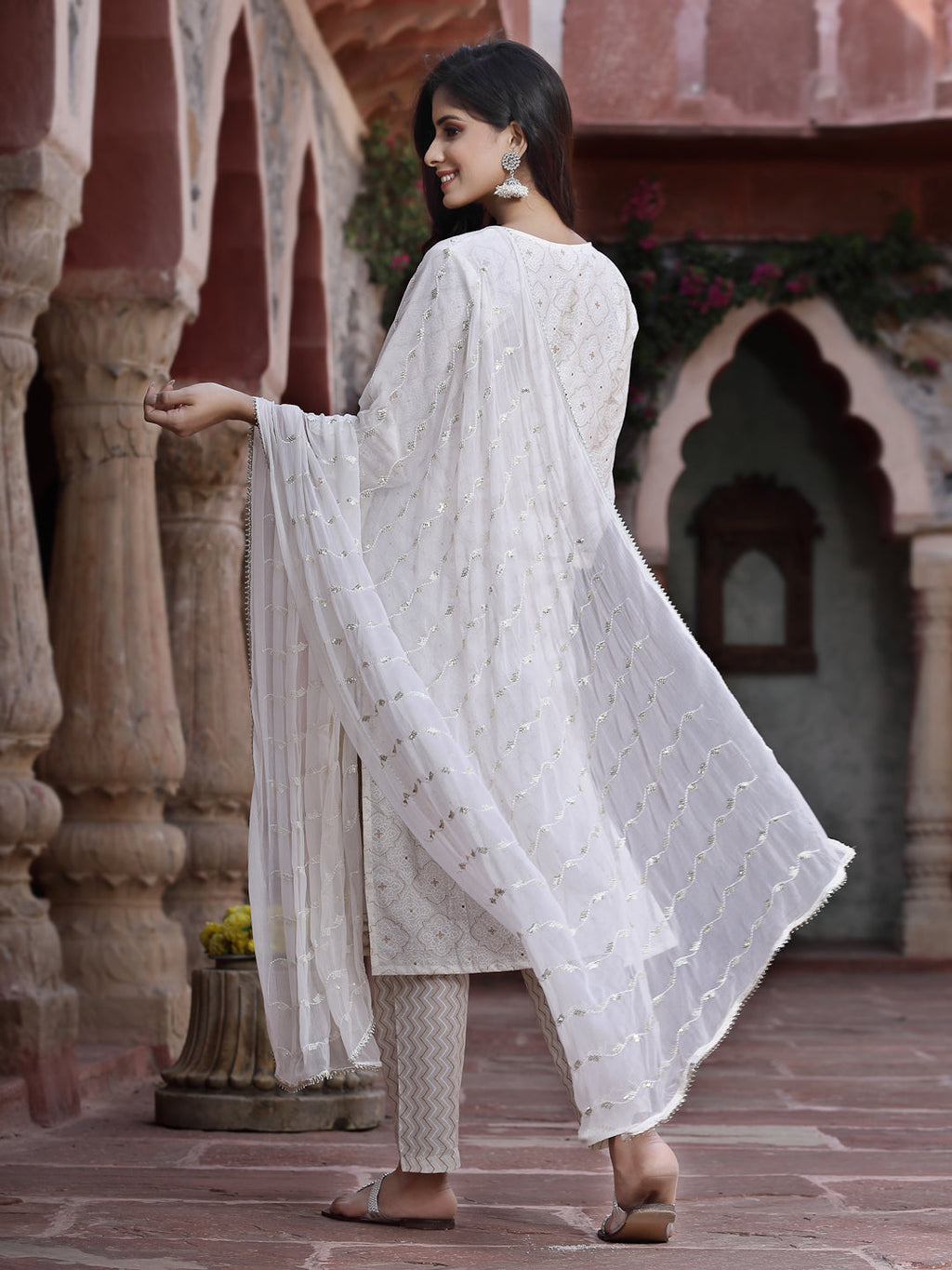 Juniper Women Off-White Cotton Embroidered Straight Kurta Pant Dupatta Set | Grocsy