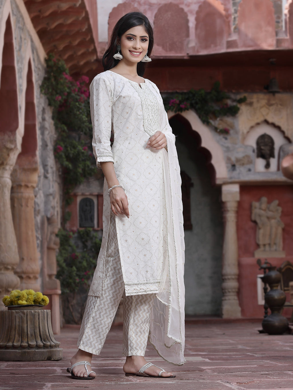 Juniper Women Off-White Cotton Embroidered Straight Kurta Pant Dupatta Set | Grocsy