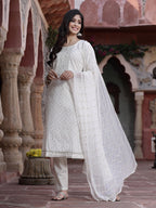Juniper Women Off-White Cotton Embroidered Straight Kurta Pant Dupatta Set | Grocsy
