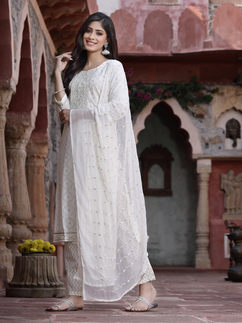 Juniper Women Off-White Cotton Embroidered Straight Kurta Pant Dupatta Set | Grocsy