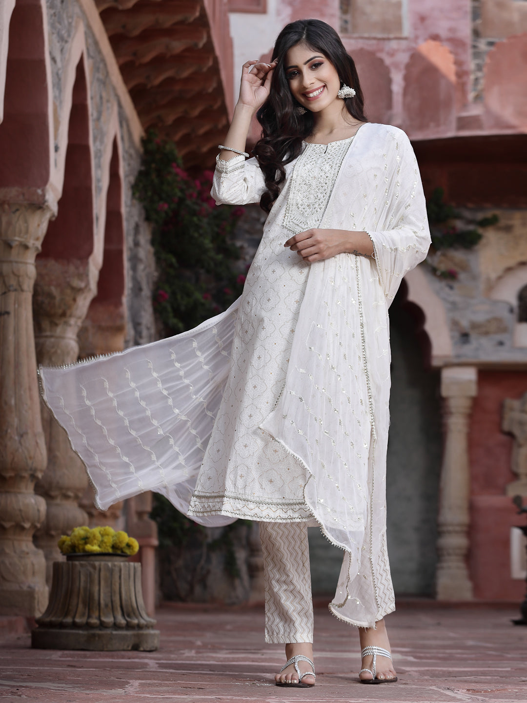 Juniper Women Off-White Cotton Embroidered Straight Kurta Pant Dupatta Set | Grocsy