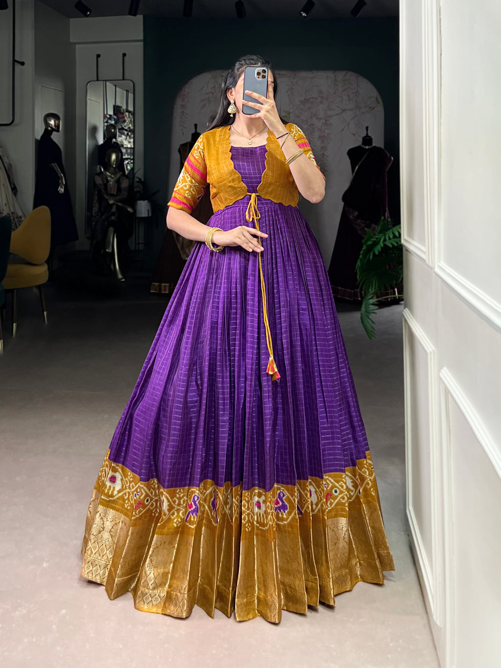 Lorenvalley Fashion Purple Tussar Chex Patola Print With Weaving Work Border Gown with Koti | Grocsy