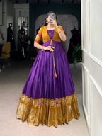 Lorenvalley Fashion Purple Tussar Chex Patola Print With Weaving Work Border Gown with Koti | Grocsy