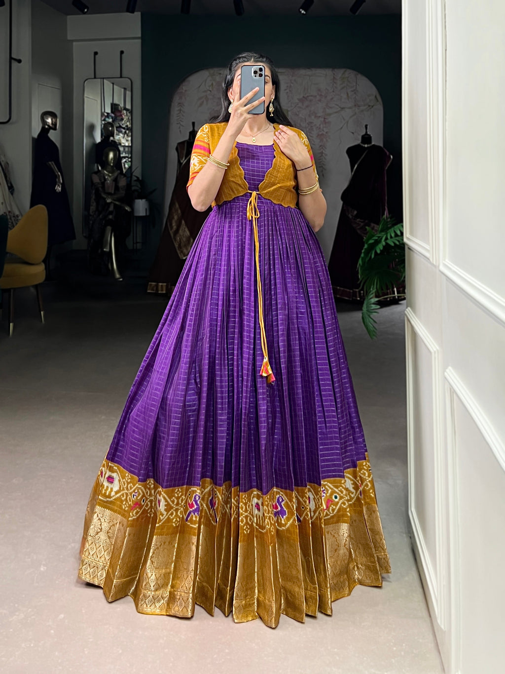 Lorenvalley Fashion Purple Tussar Chex Patola Print With Weaving Work Border Gown with Koti | Grocsy