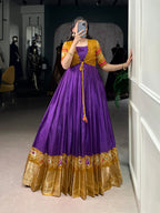 Lorenvalley Fashion Purple Tussar Chex Patola Print With Weaving Work Border Gown with Koti | Grocsy