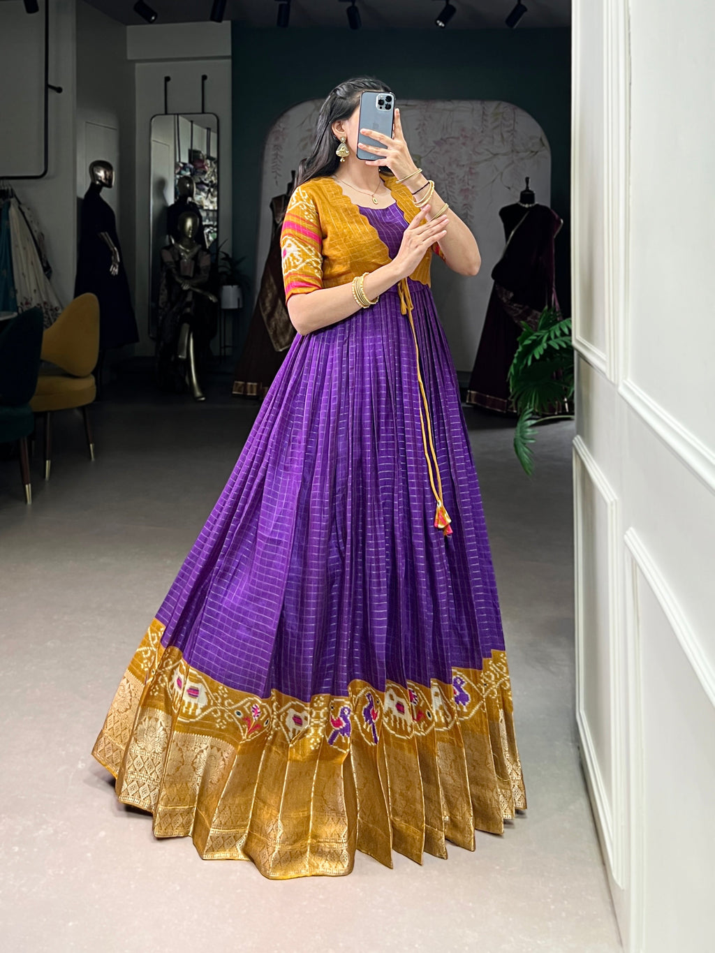 Lorenvalley Fashion Purple Tussar Chex Patola Print With Weaving Work Border Gown with Koti | Grocsy