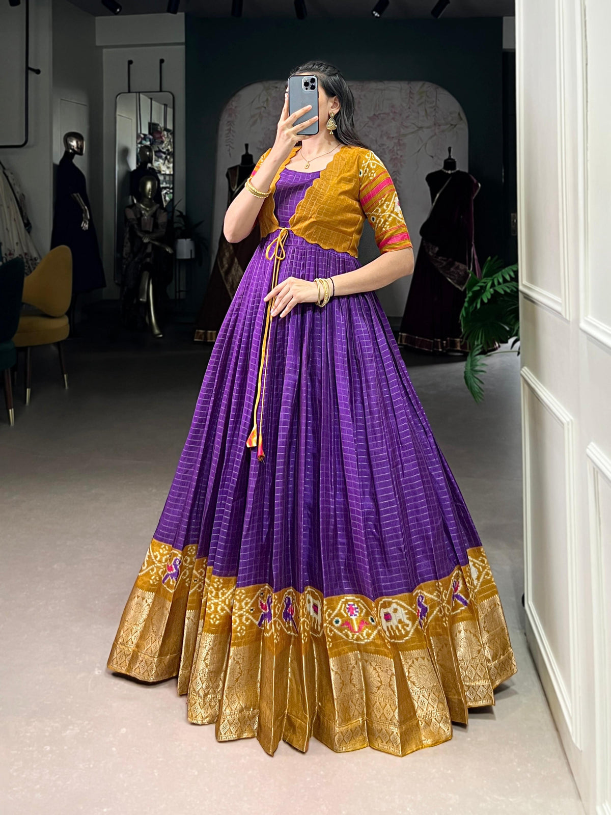 Lorenvalley Fashion Purple Tussar Chex Patola Print With Weaving Work Border Gown with Koti | Grocsy