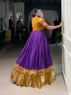 Lorenvalley Fashion Purple Tussar Chex Patola Print With Weaving Work Border Gown with Koti | Grocsy