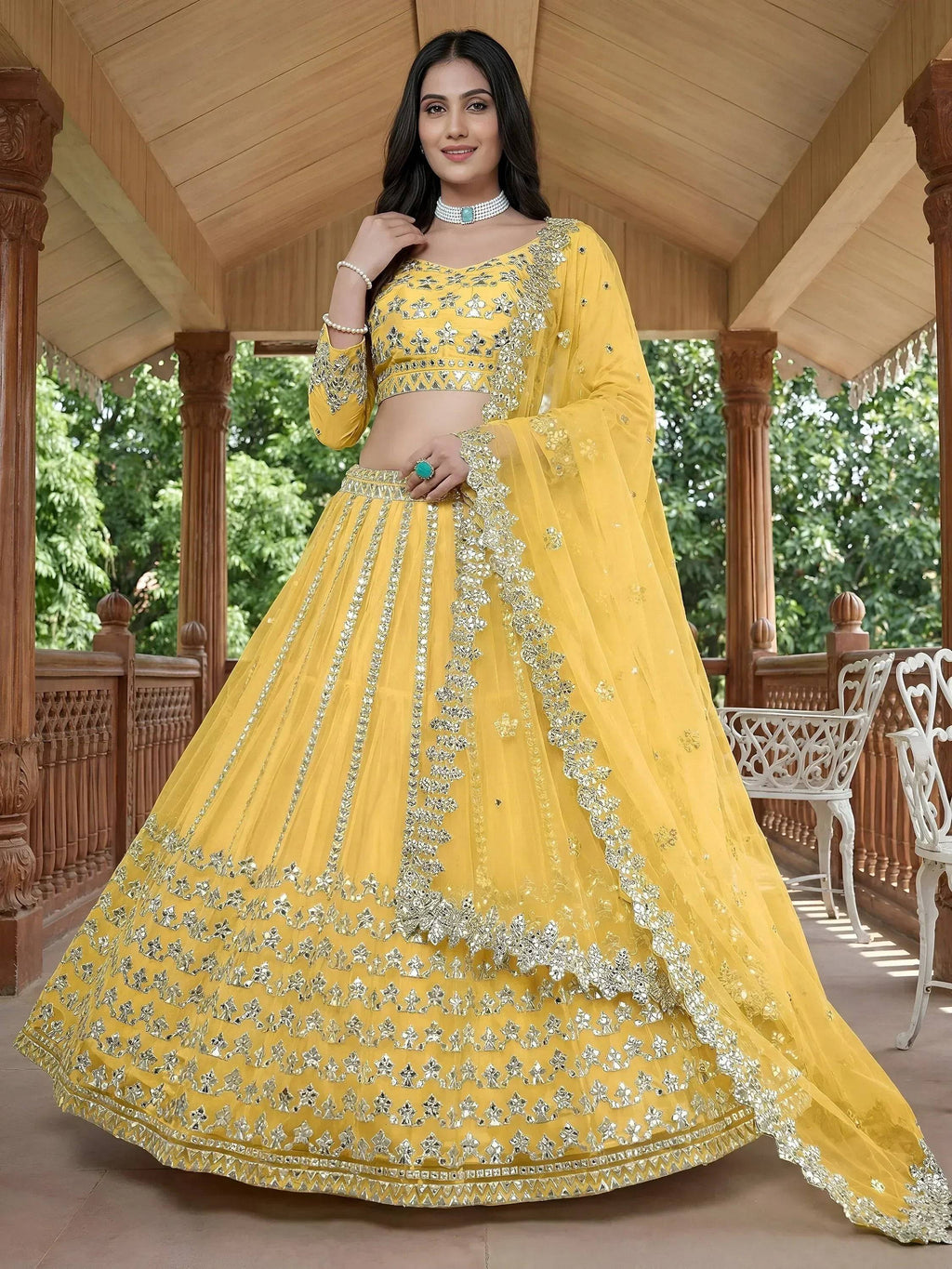 Tulsi Art Captivating Yellow Foil Work Net Sangeet Wear Lehenga Choli | Grocsy