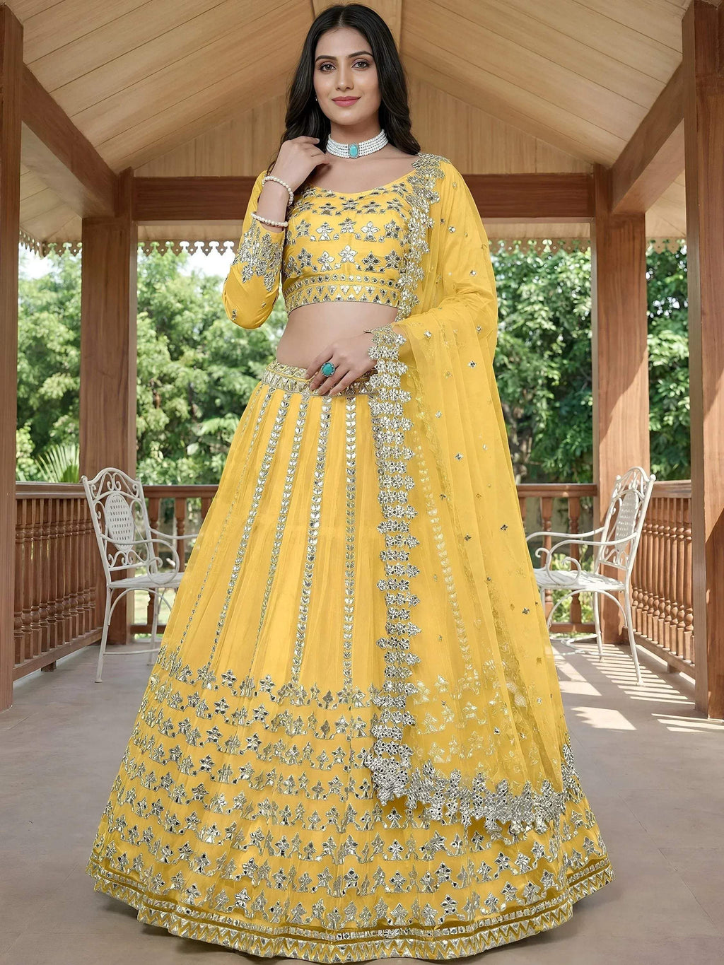 Tulsi Art Captivating Yellow Foil Work Net Sangeet Wear Lehenga Choli | Grocsy