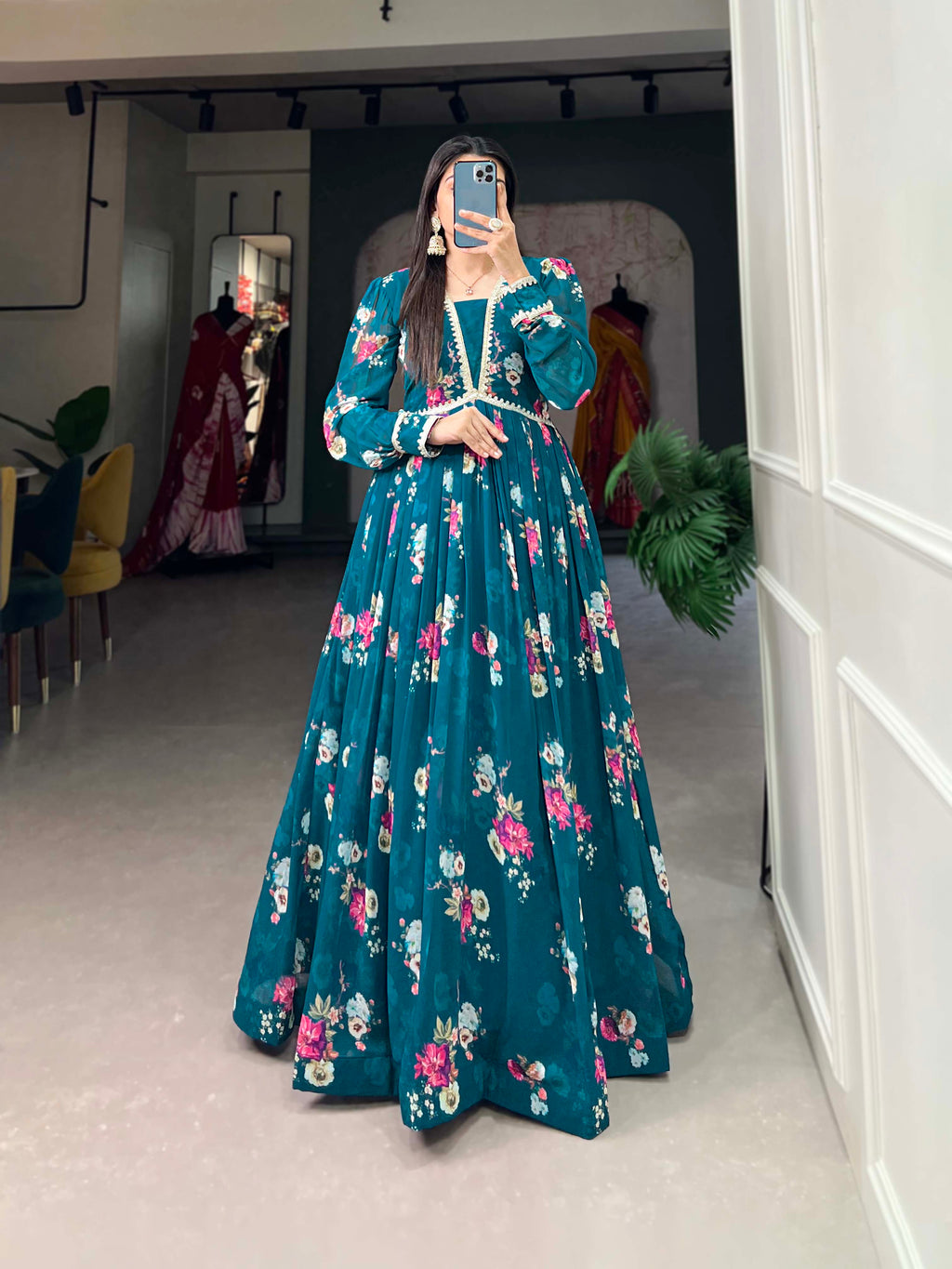 Lorenvalley Teal Georgette Floral print with Lace Border Gown | Grocsy