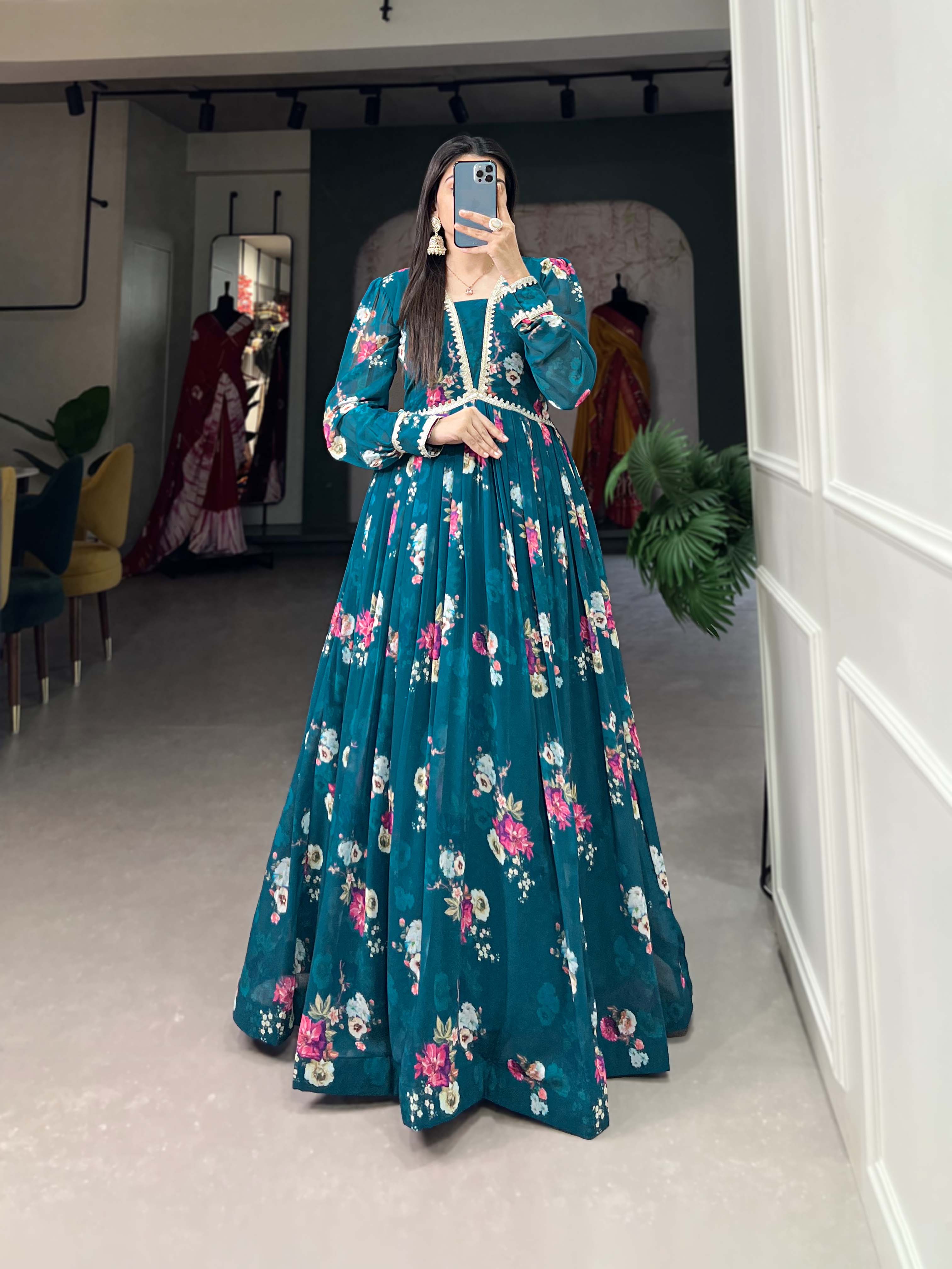 Lorenvalley Teal Georgette Floral print with Lace Border Gown | Grocsy