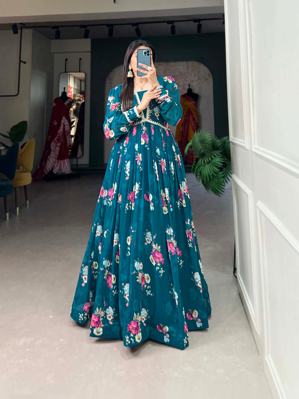 Lorenvalley Teal Georgette Floral print with Lace Border Gown | Grocsy