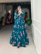 Lorenvalley Teal Georgette Floral print with Lace Border Gown | Grocsy