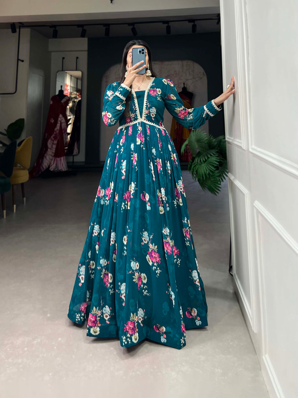 Lorenvalley Teal Georgette Floral print with Lace Border Gown | Grocsy