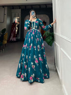 Lorenvalley Teal Georgette Floral print with Lace Border Gown | Grocsy