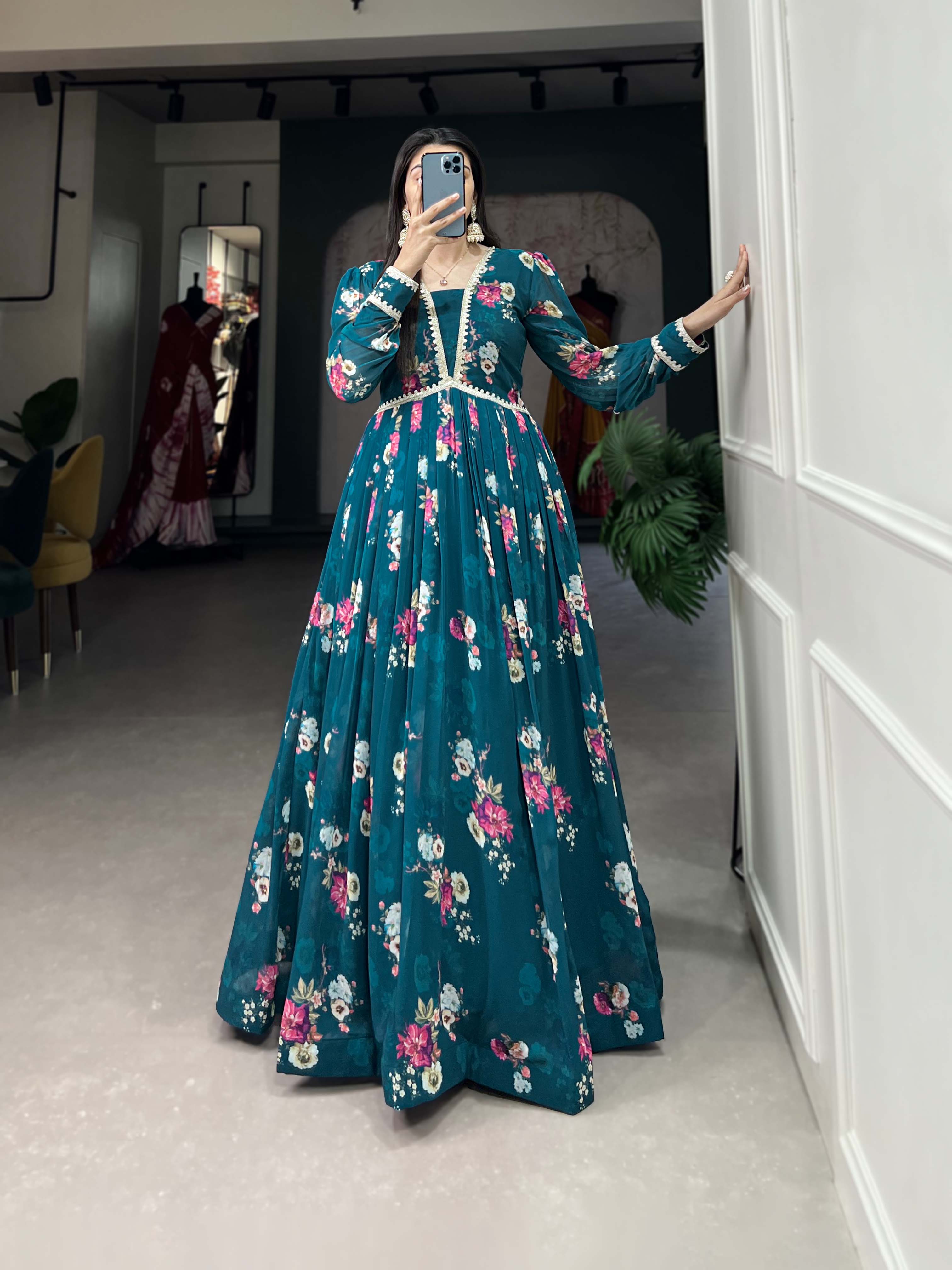 Lorenvalley Teal Georgette Floral print with Lace Border Gown | Grocsy