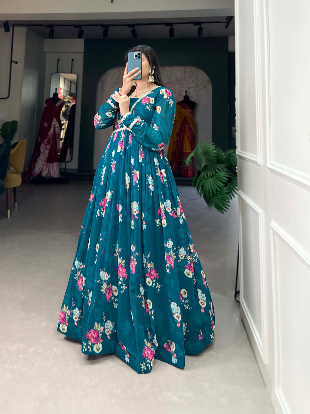 Lorenvalley Teal Georgette Floral print with Lace Border Gown | Grocsy