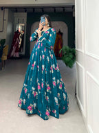 Lorenvalley Teal Georgette Floral print with Lace Border Gown | Grocsy