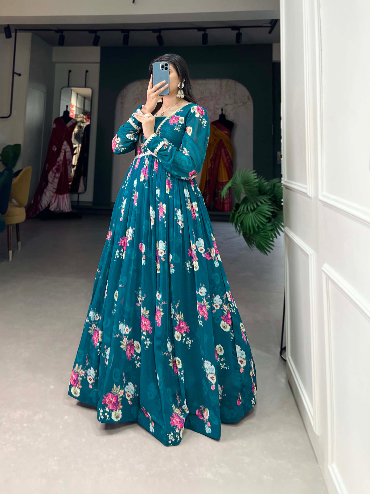 Lorenvalley Teal Georgette Floral print with Lace Border Gown | Grocsy