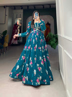 Lorenvalley Teal Georgette Floral print with Lace Border Gown | Grocsy