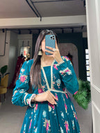 Lorenvalley Teal Georgette Floral print with Lace Border Gown | Grocsy