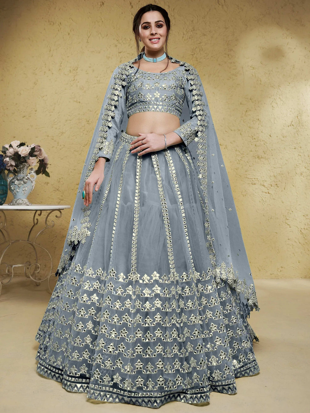 Tulsi Art Gorgeous Grey Foil Work Net Reception Wear Lehenga Choli With Dupatta | Grocsy