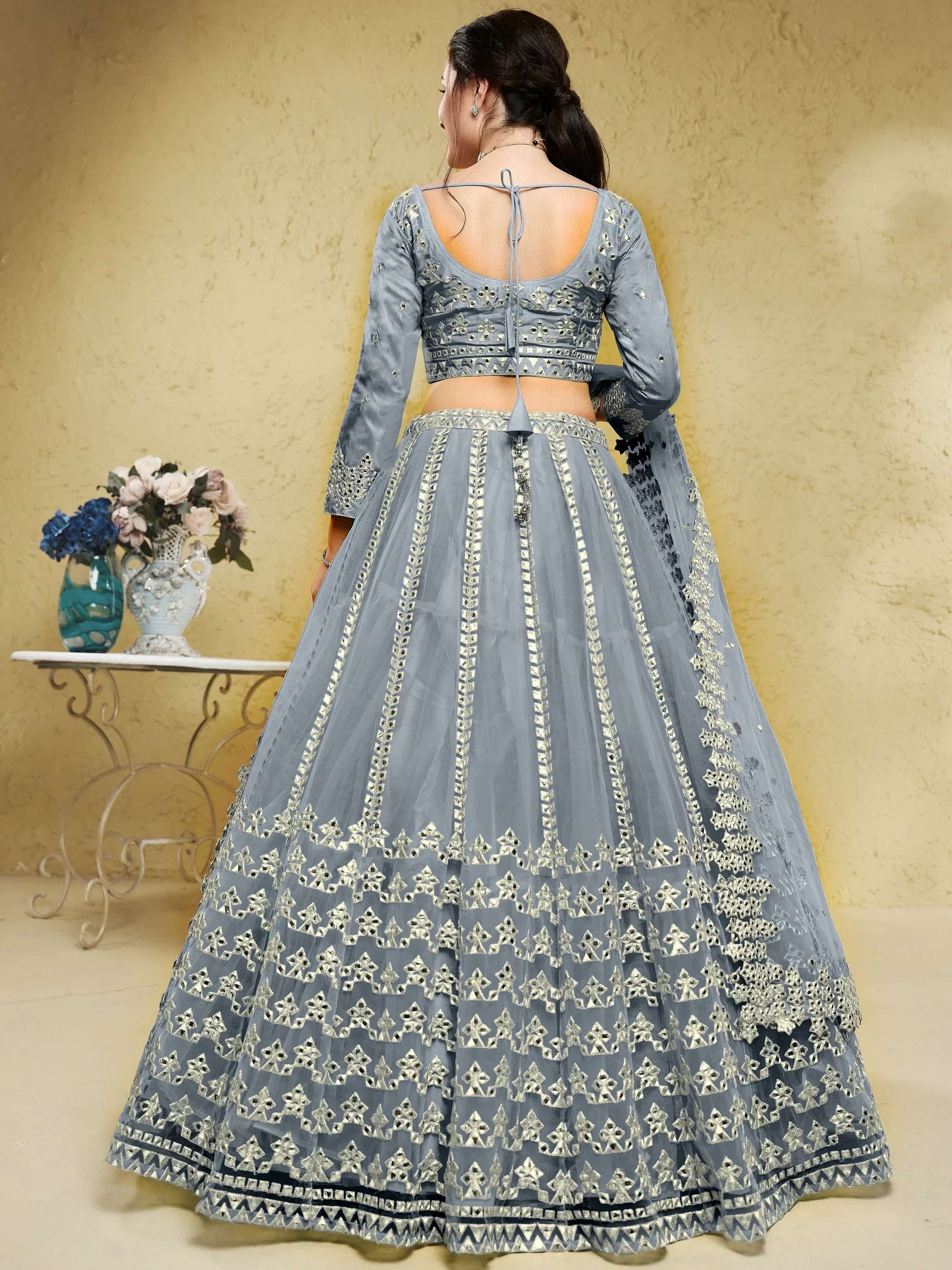 Tulsi Art Gorgeous Grey Foil Work Net Reception Wear Lehenga Choli With Dupatta | Grocsy