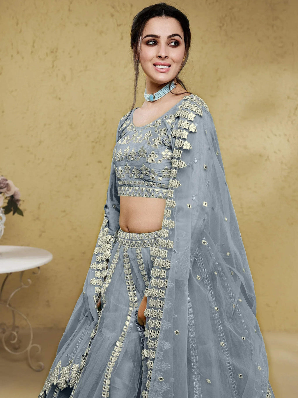 Tulsi Art Gorgeous Grey Foil Work Net Reception Wear Lehenga Choli With Dupatta | Grocsy