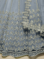 Tulsi Art Gorgeous Grey Foil Work Net Reception Wear Lehenga Choli With Dupatta | Grocsy