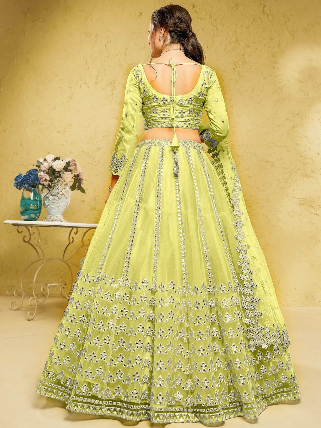 Tulsi Art Captivating Lime Yellow Foil Work Net Engagement Wear Lehenga Choli | Grocsy