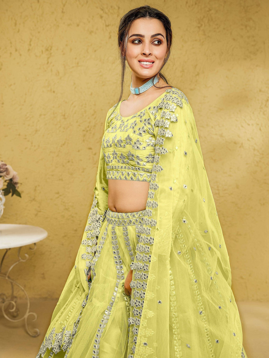 Tulsi Art Captivating Lime Yellow Foil Work Net Engagement Wear Lehenga Choli | Grocsy