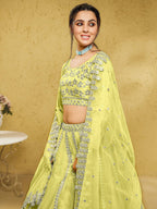 Tulsi Art Captivating Lime Yellow Foil Work Net Engagement Wear Lehenga Choli | Grocsy