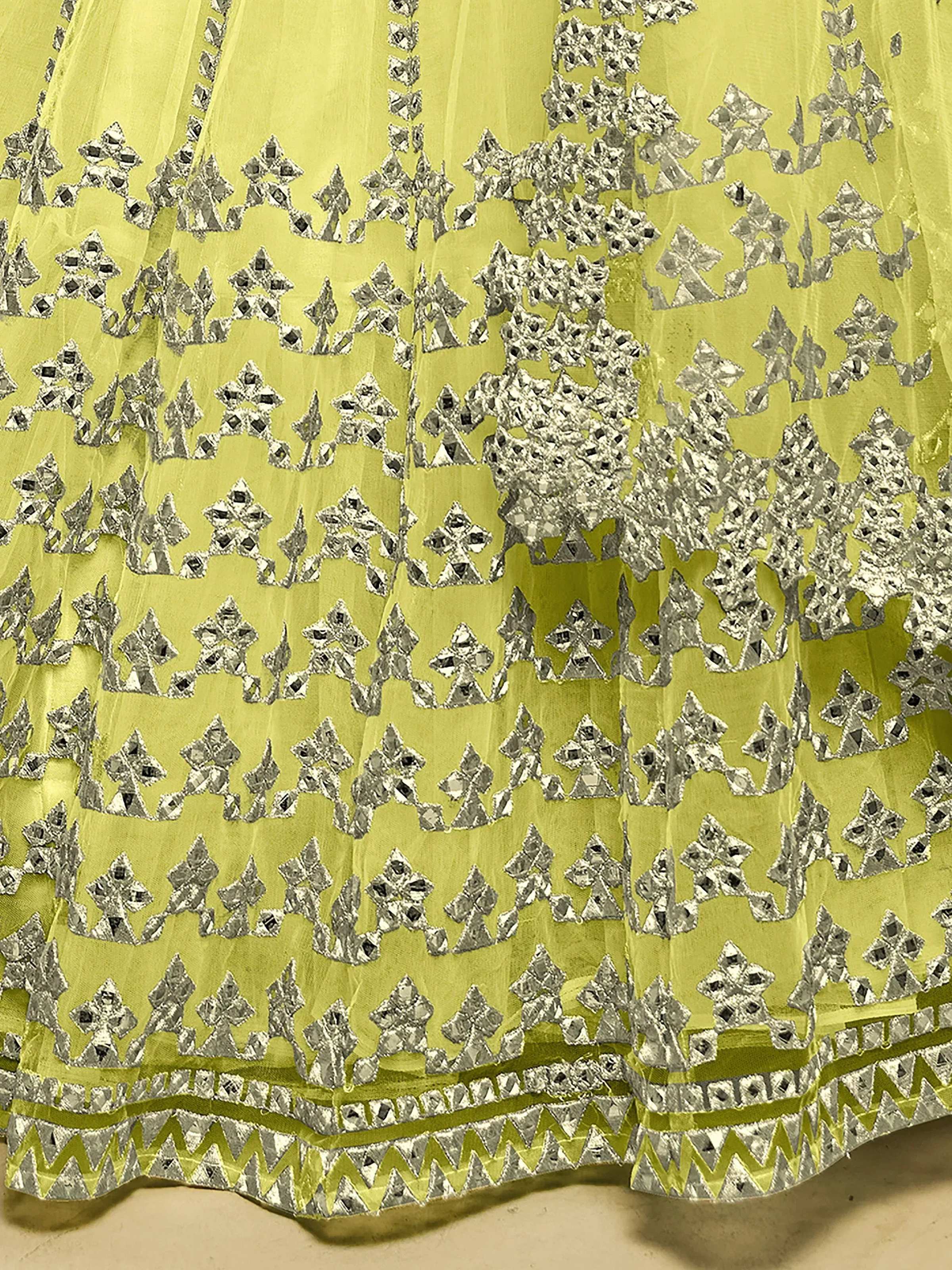 Tulsi Art Captivating Lime Yellow Foil Work Net Engagement Wear Lehenga Choli | Grocsy