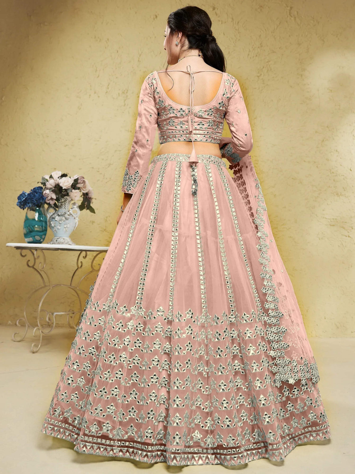 Tulsi Art Fascinating Dusty Pink Foil Work Net Bridesmaid Lehenga Choli | Grocsy