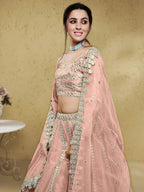 Tulsi Art Fascinating Dusty Pink Foil Work Net Bridesmaid Lehenga Choli | Grocsy