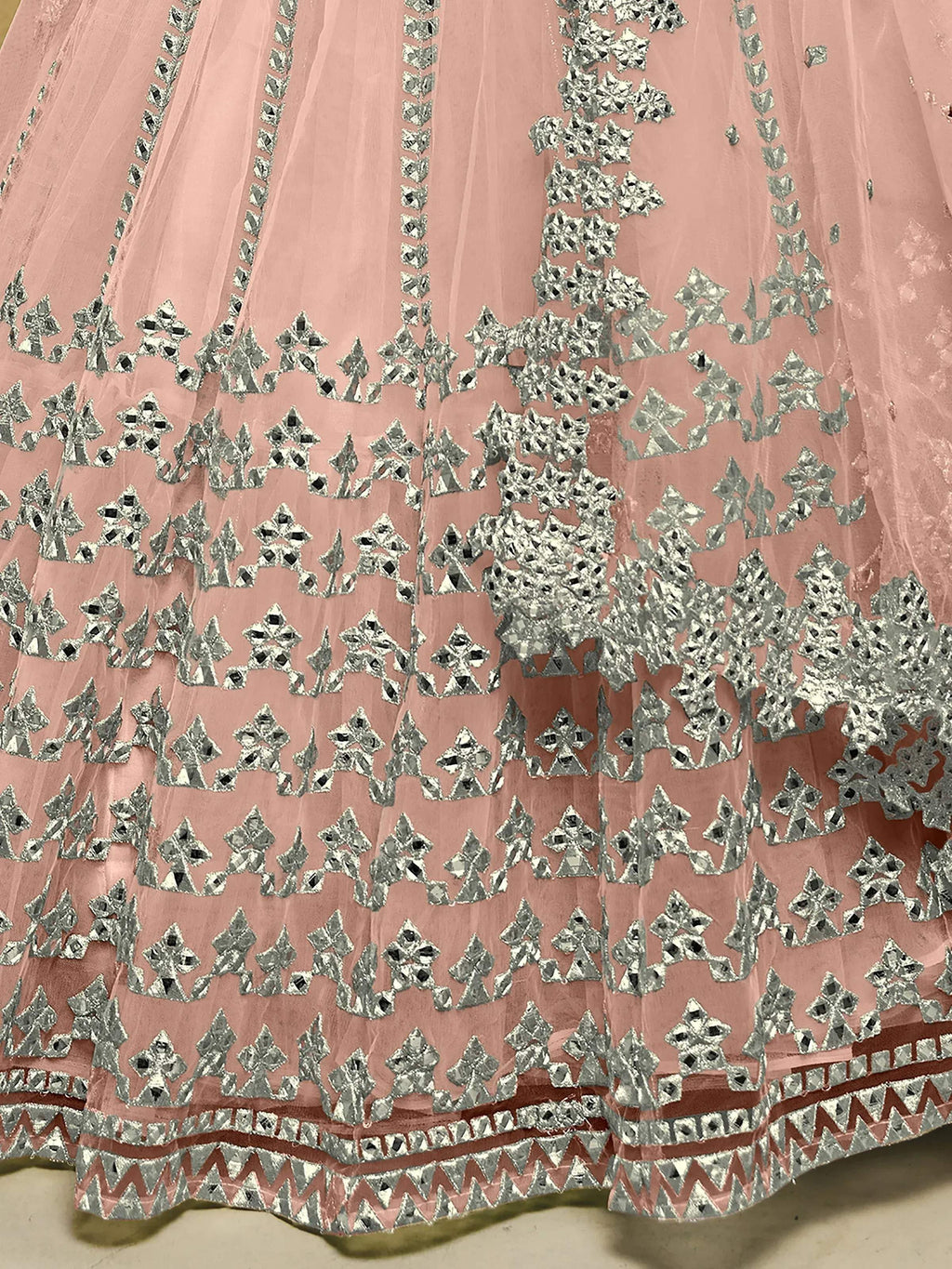 Tulsi Art Fascinating Dusty Pink Foil Work Net Bridesmaid Lehenga Choli | Grocsy